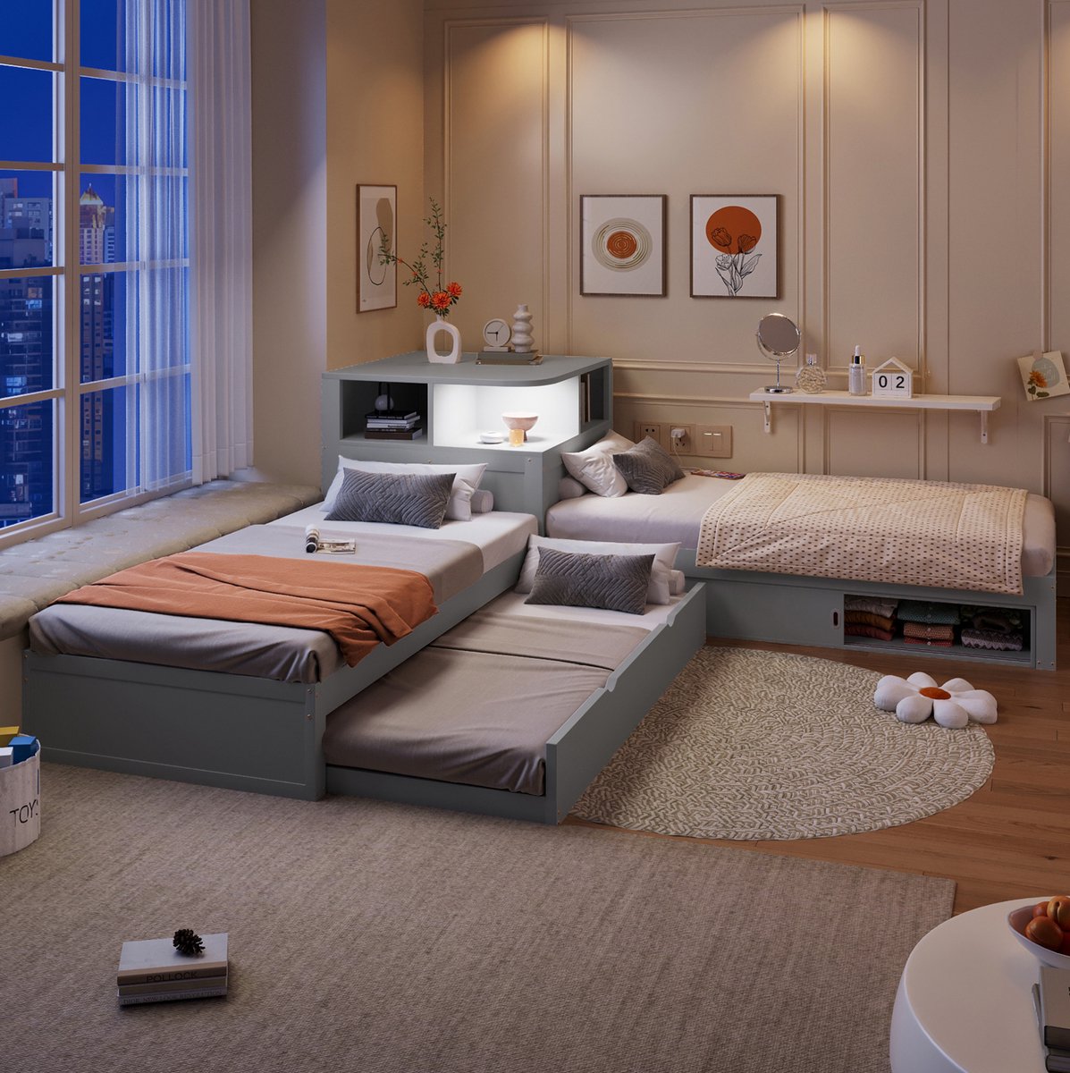 MIVRAY Bed 90x200 cm - L Vormig Platformbed Met Uitziehbed en Opbergruimte - Met Nachtlicht - Zonder Matras - Hout - Grijs