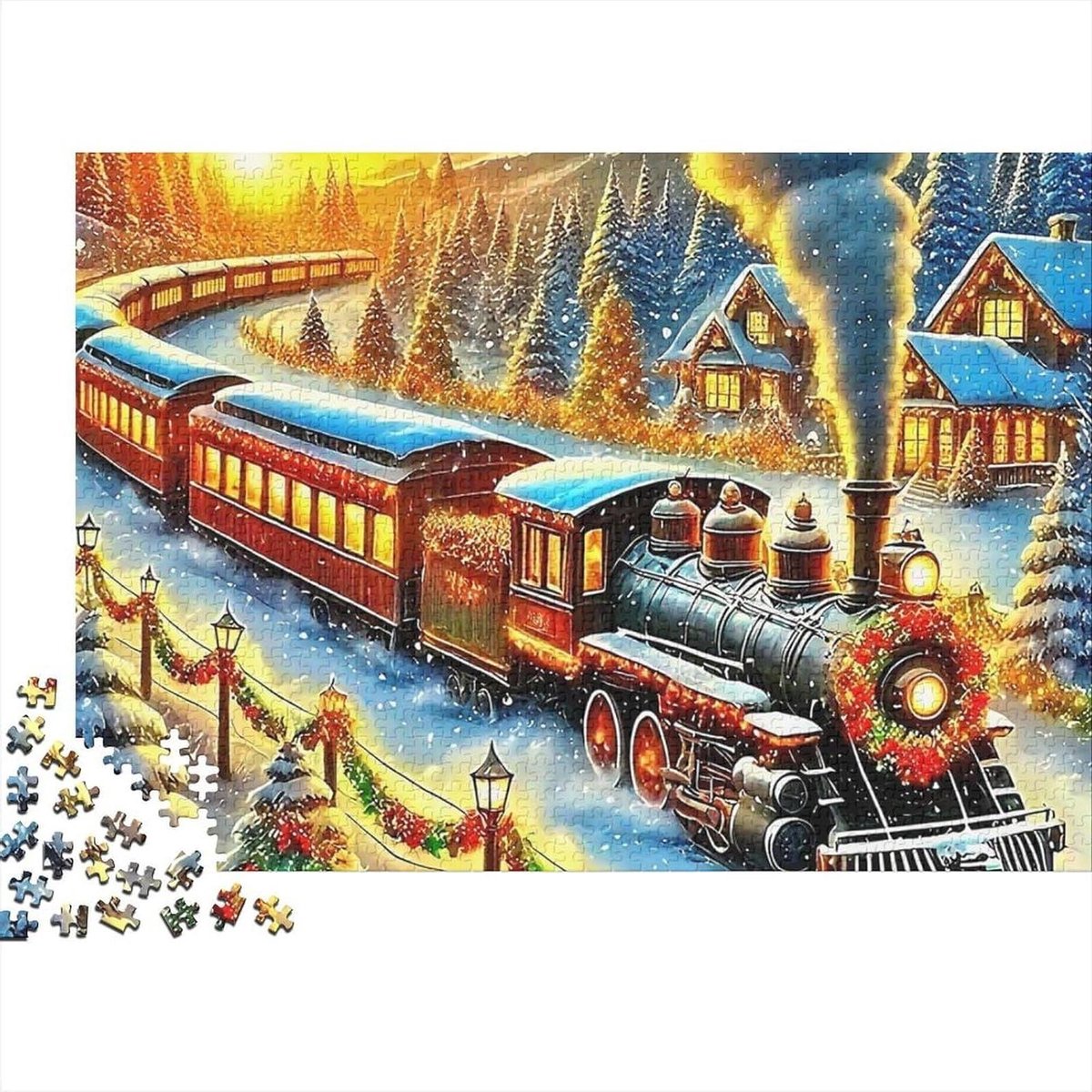 Stoomtrein Puzzel - Landschap Puzzel - Ontspanning Thuis - Gerecycled Materiaal - 1000 Stukjes - Winterscène