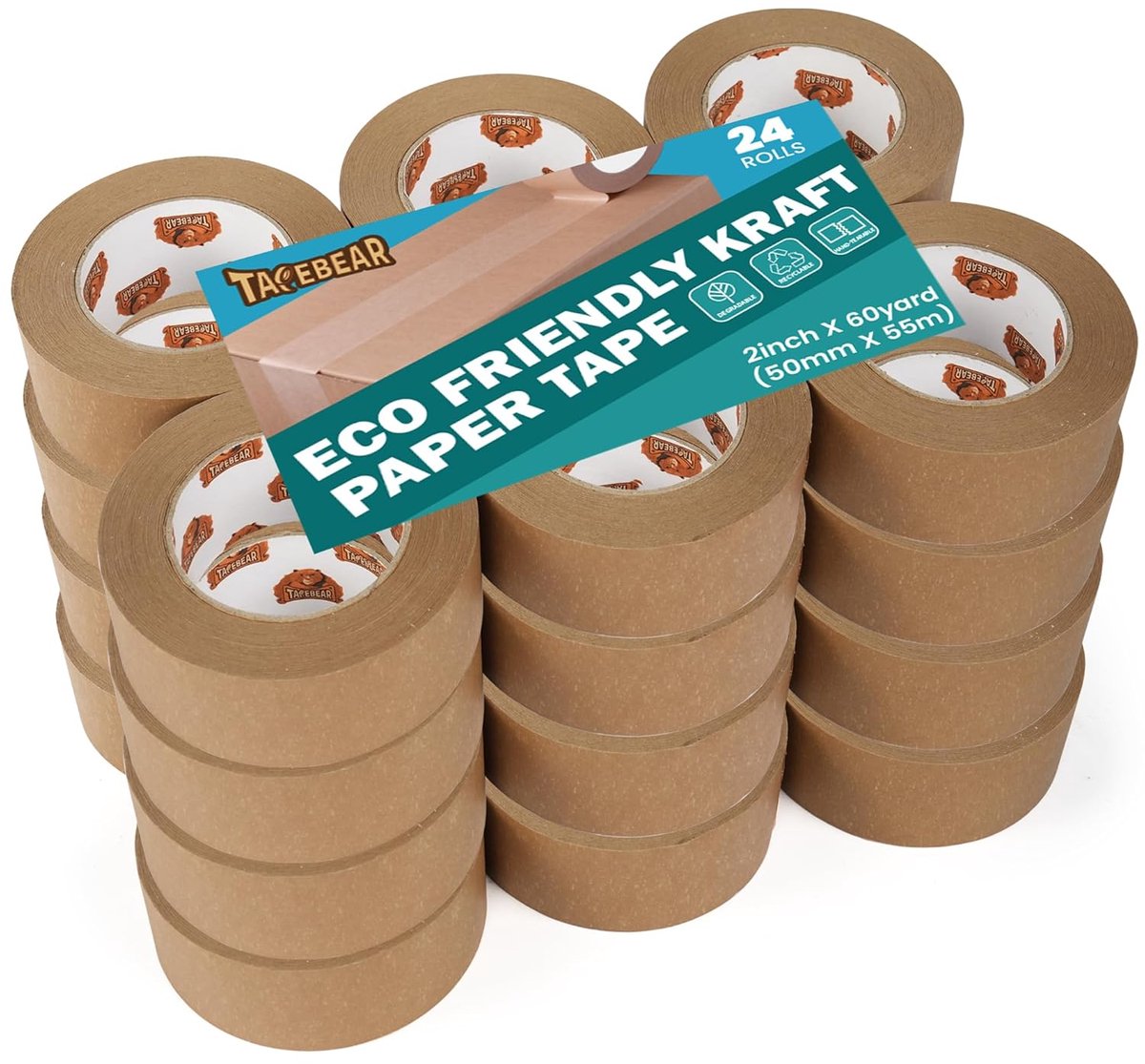 SnelShoppen - Eco-vriendelijk Kraft Papier Plakband 2" x 150m, 24 Rollen, Afbreekbare en Recyclebare Bruine Verpakkingstape, Perfect voor Verzenden, V