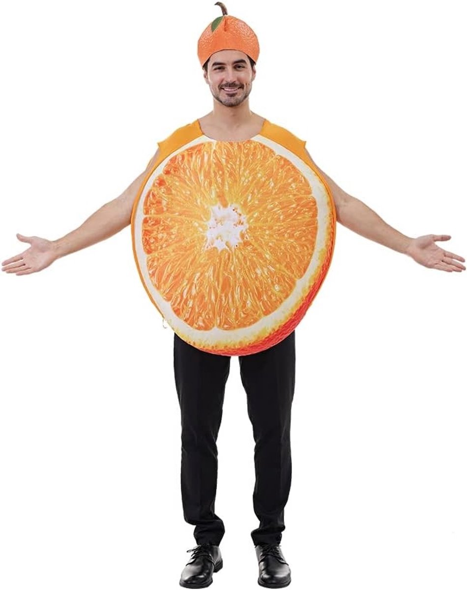 Grappig kostuum voor volwassenen met oranje tomaat, aardbei en paarse druiven voor carnaval, unisex, maat één formaat