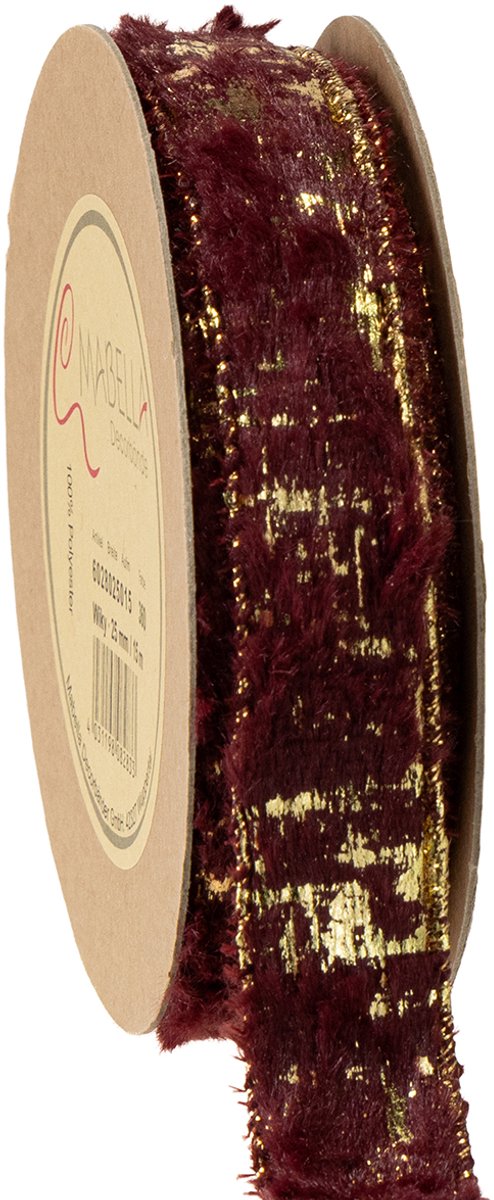 Decoratief lint met bont, imitatiebontlint, Bordeaux goud, 25mm, 15m