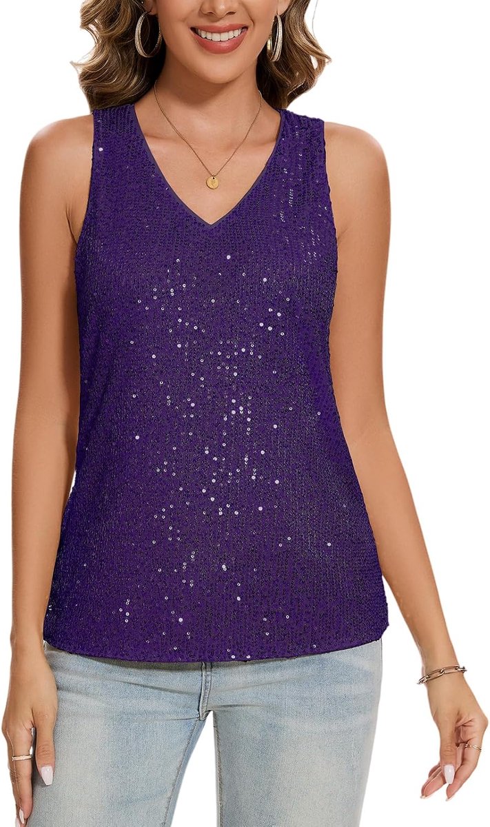Dames tanktop glitter pailletten tuniek mouwloos blouse festival elegant casual V-hals bovendeel blousetop
