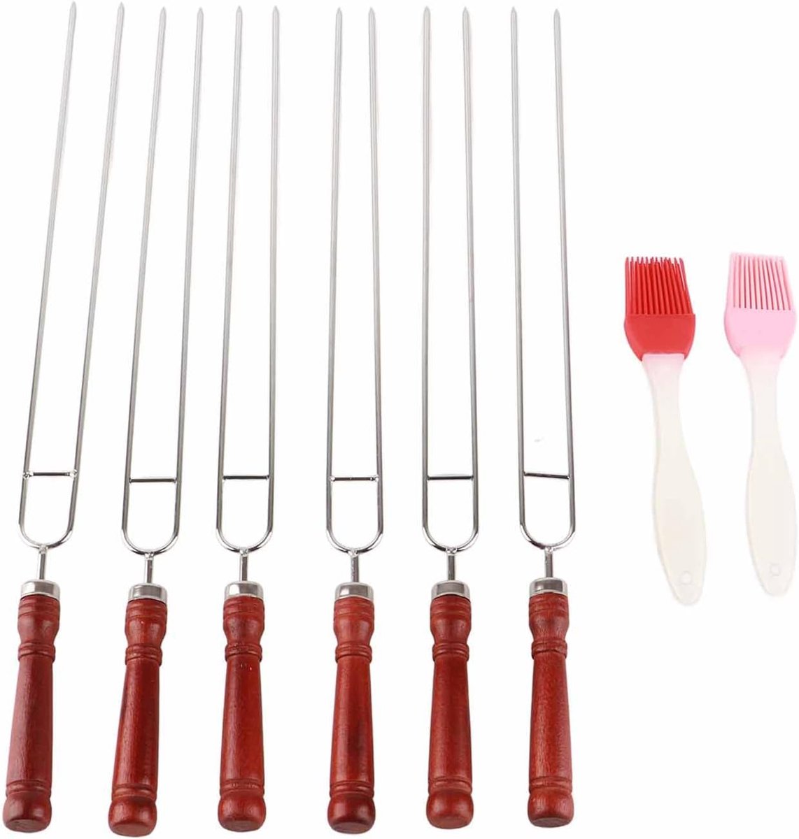 6 STKS Roosteren Sticks Smores Spiesjes Met BBQ Borstel, Roestvrijstalen Shish Kabob Spiesjes Met Houten Handvat Voor Grill, Food Grade Barbecue Koken Gereedschap