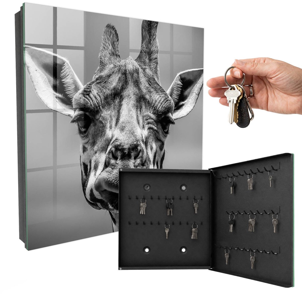 WallMuralia - Sleutelkast - 30x30x5 cm - met 50 haken - Giraffe Portret Sleutelkastje Klein - Grijs Sleutelbox - Rechtsopenend - Zwart interieur