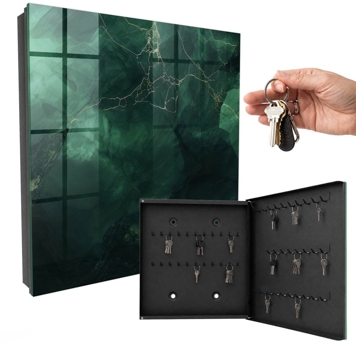 WallMuralia - Sleutelkast - 30x30x5 cm - met 50 haken - Groene Elegantie Sleutelkastje Design - Groente Sleutelbox - Rechtsopenend - Zwart interieur