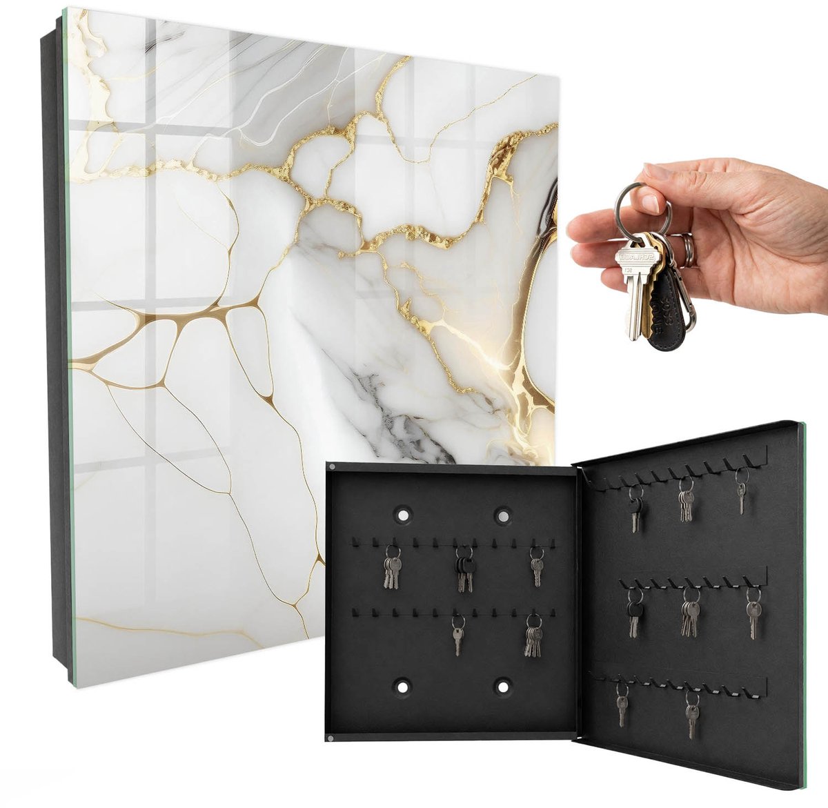WallMuralia - Sleutelkast - 30x30x5 cm - met 50 haken - Marmeren Elegantie Groot Sleutelkastje - Wit Sleutelbox - Rechtsopenend - Zwart interieur