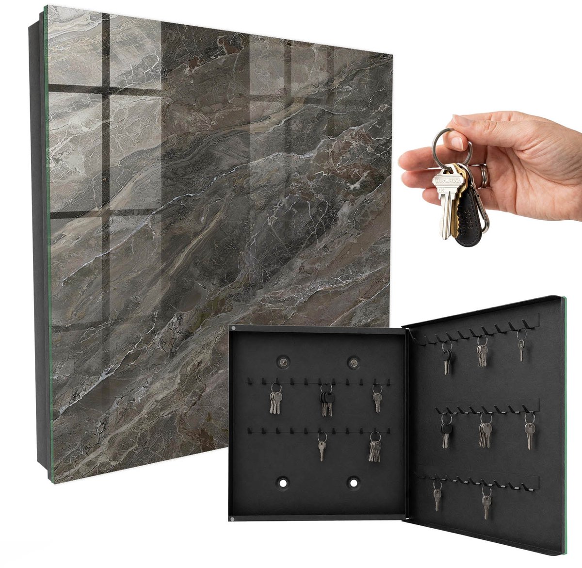 WallMuralia - Sleutelkast - 30x30x5 cm - met 50 haken - Marmertextuur Groot Sleutelkastje - Grijs Sleutelbox - Rechtsopenend - Zwart interieur