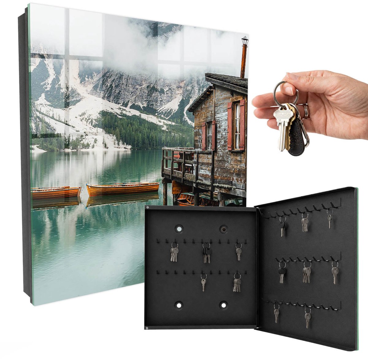 WallMuralia - Sleutelkast - 30x30x5 cm - met 50 haken - Bergvrede Sleutelkastje Gang - Turkoois Sleutelbox - Rechtsopenend - Zwart interieur