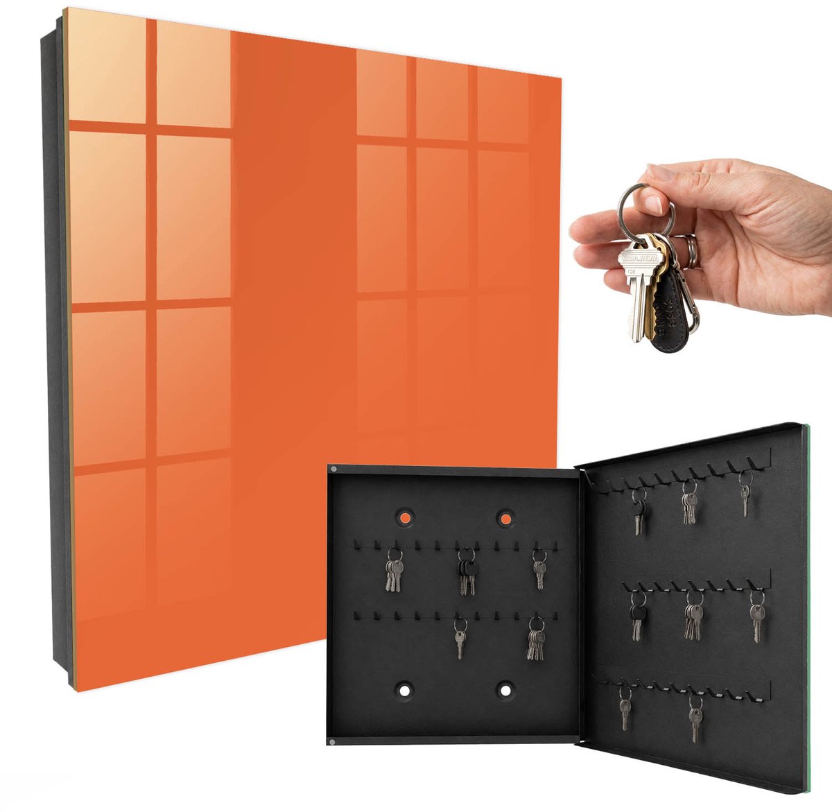 WallMuralia - Sleutelkast - 30x30x5 cm - met 50 haken - Sterk Oranje Sleutelkastje Industrieel - Oranje Sleutelbox - Rechtsopenend - Zwart interieur