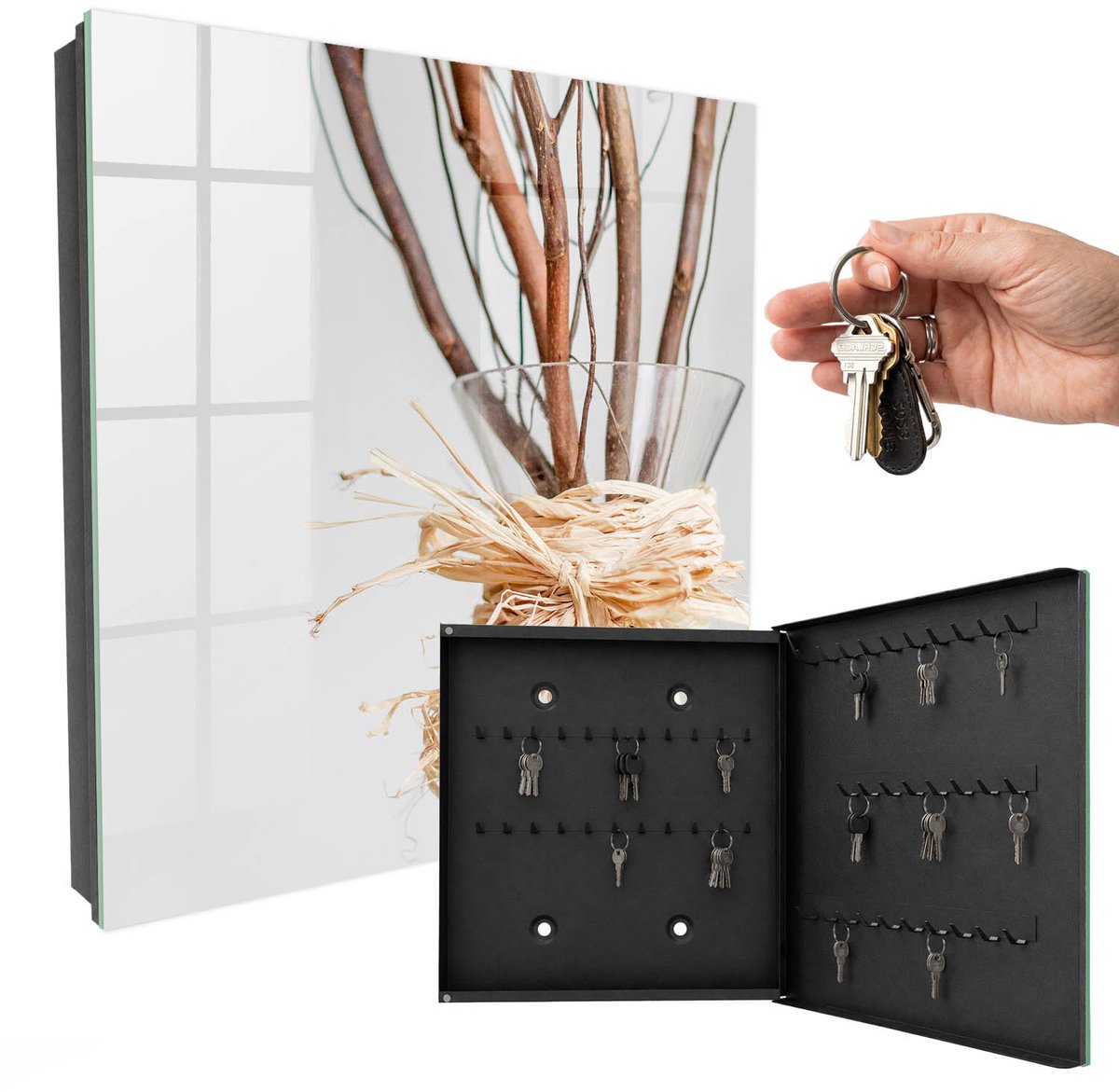 WallMuralia - Sleutelkast - 30x30x5 cm - met 50 haken - Takken In Een Vaas Sleutelkastje Modern - Beige Sleutelbox - Rechtsopenend - Zwart interieur