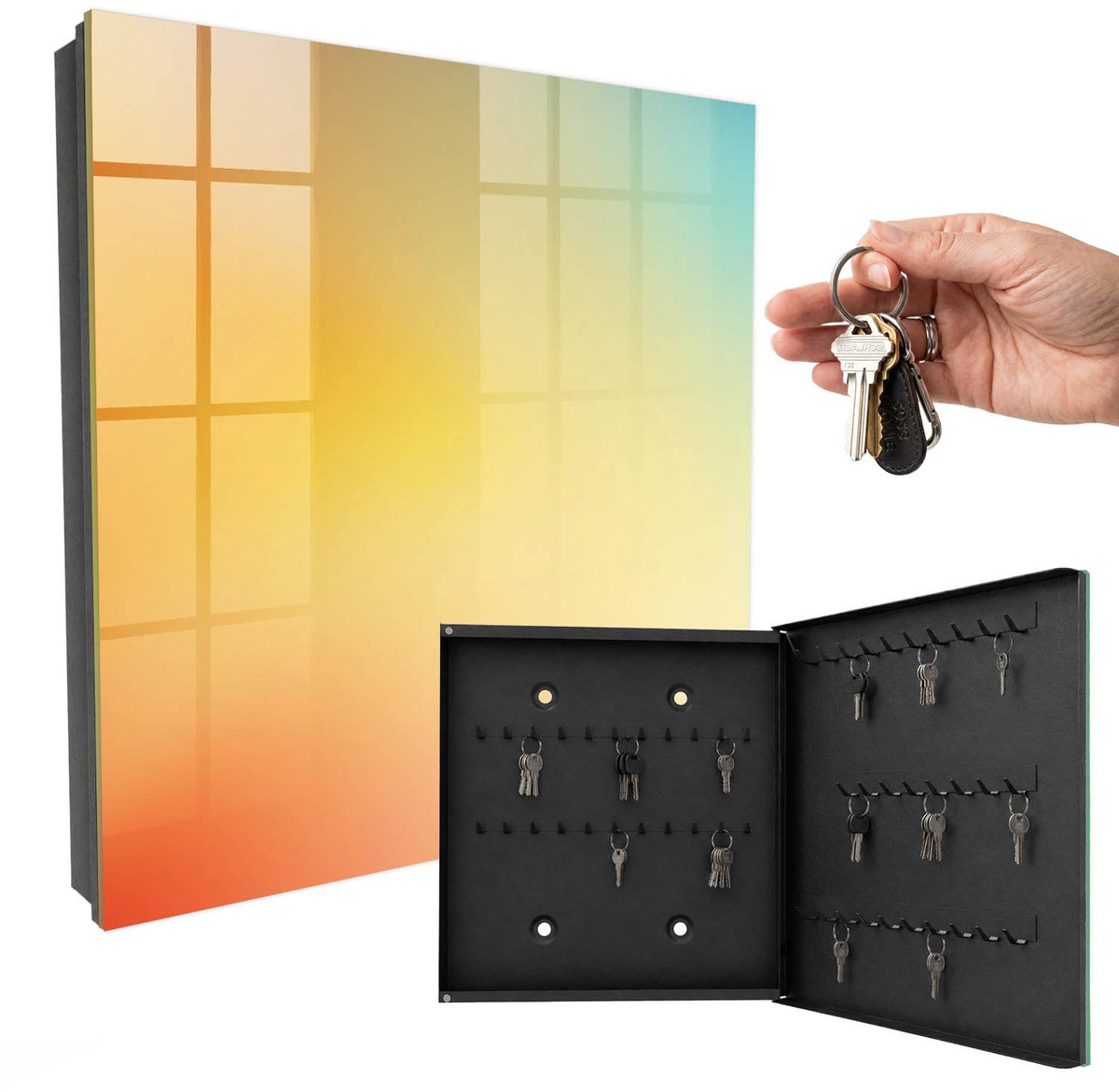 WallMuralia - Sleutelkast - 30x30x5 cm - met 50 haken - Kleurrijk Verloop Sleutelkastje Binnen - Oranje Sleutelbox - Rechtsopenend - Zwart interieur
