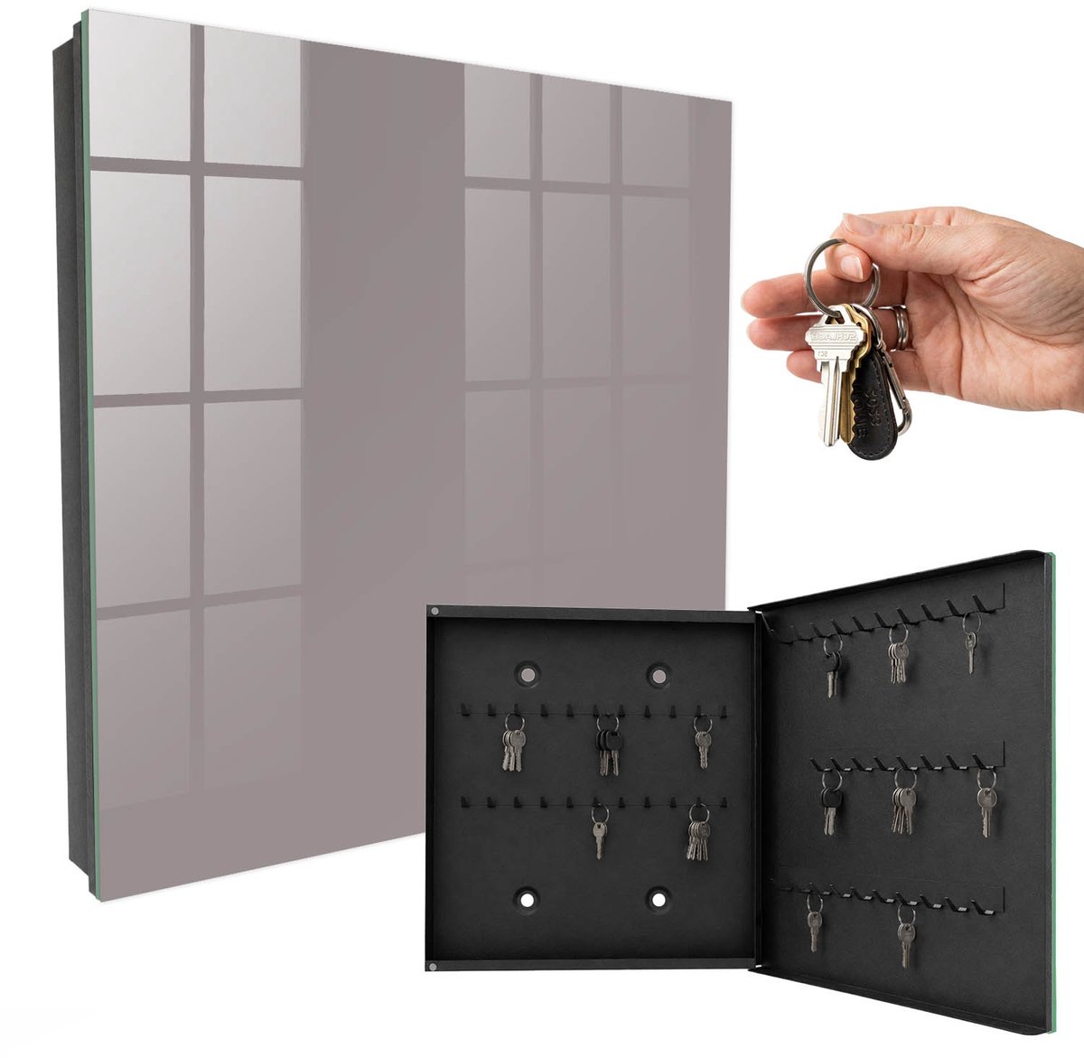 WallMuralia - Sleutelkast - 30x30x5 cm - met 50 haken - Asgrijs Sleutelkastje Binnen - Grijs Sleutelbox - Rechtsopenend - Zwart interieur