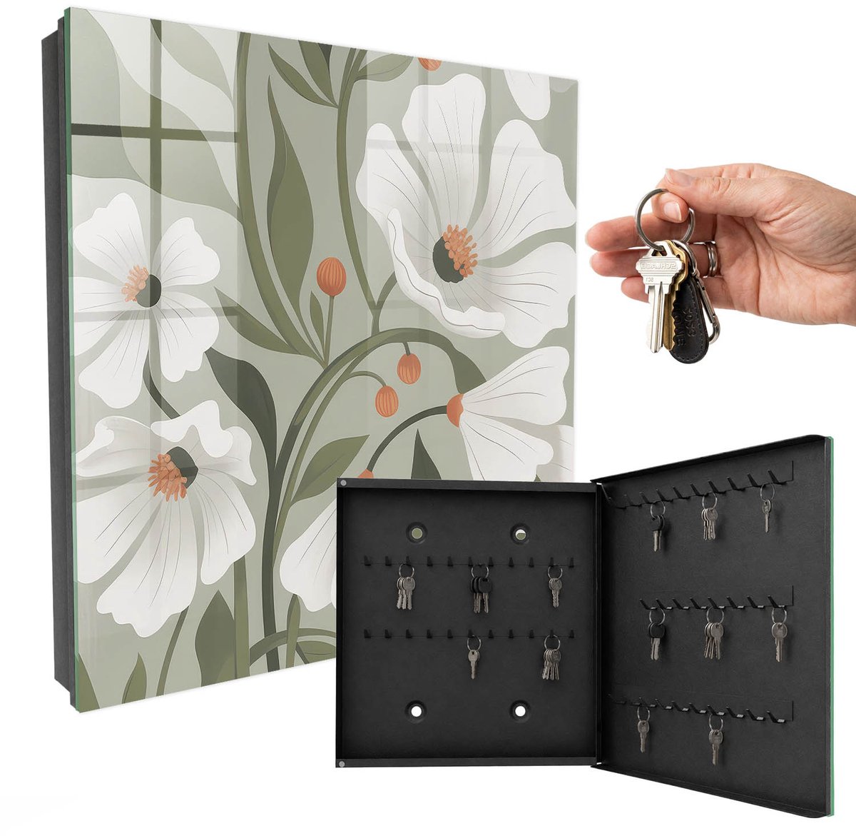 WallMuralia - Sleutelkast - 30x30x5 cm - met 50 haken - Beige Bloemen Sleutelkastje Industrieel - Groente Sleutelbox - Rechtsopenend - Zwart interieur