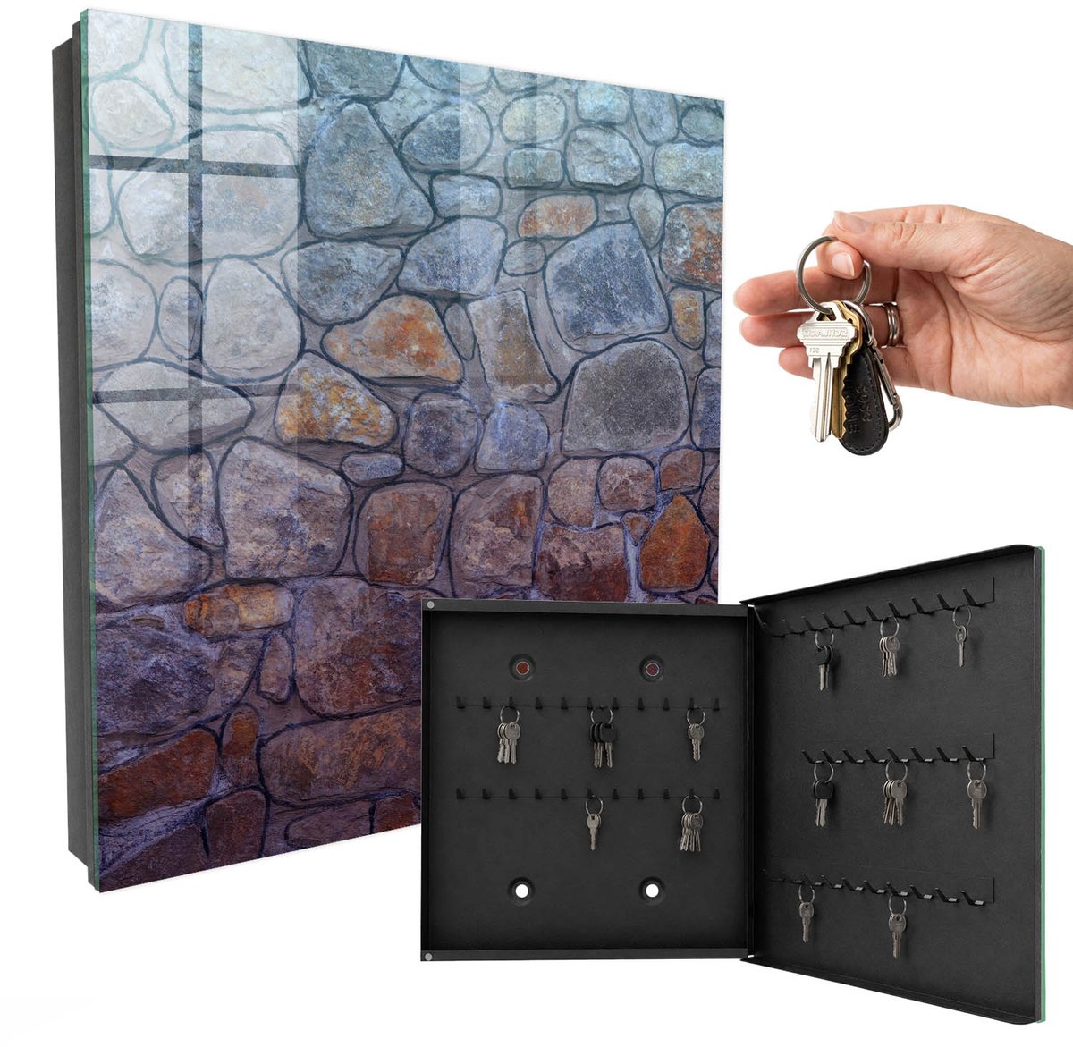 WallMuralia - Sleutelkast - 30x30x5 cm - met 50 haken - Steenstructuur Sleutelkastje Modern - Grijs Sleutelbox - Rechtsopenend - Zwart interieur
