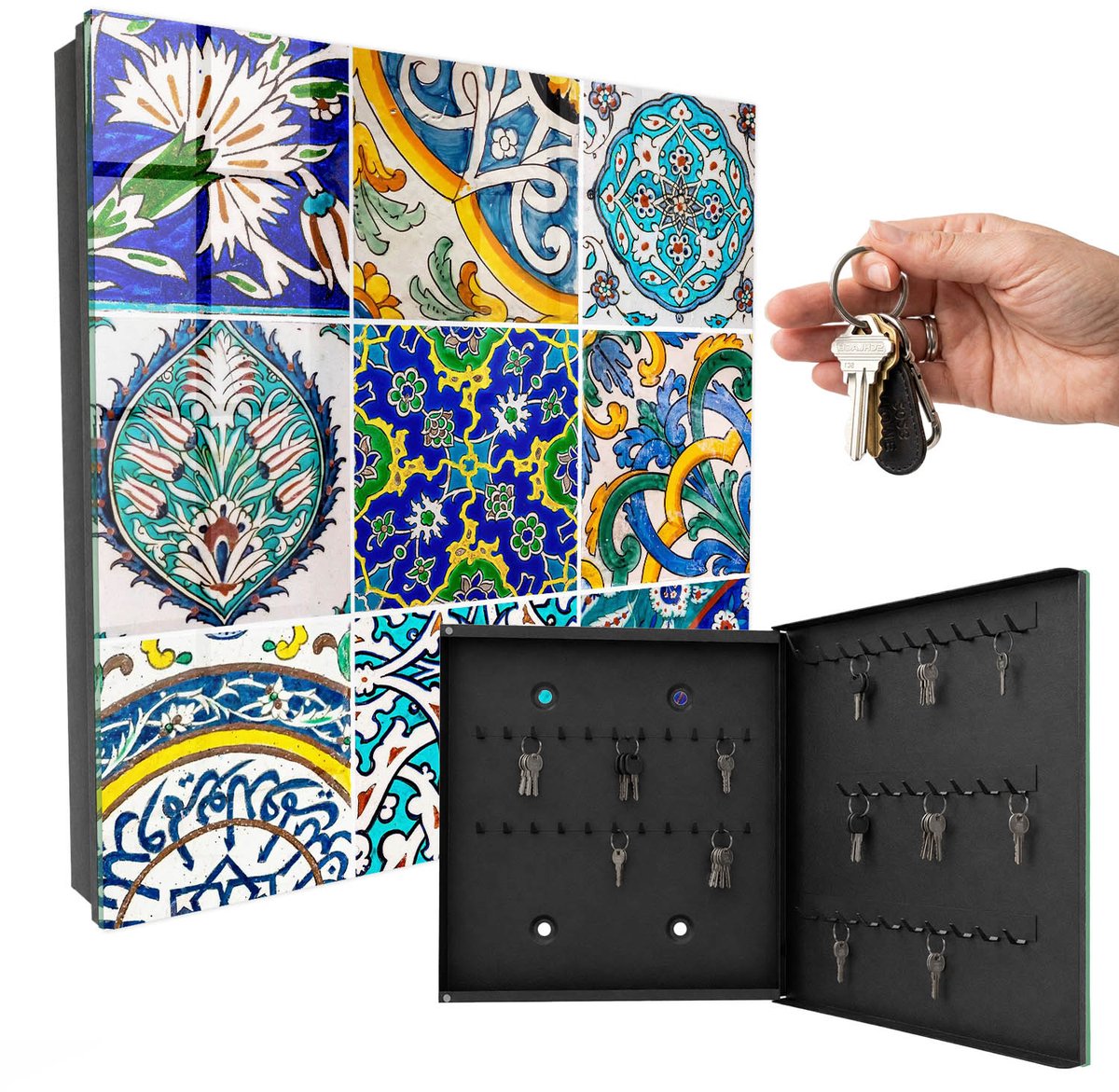 WallMuralia - Sleutelkast - 30x30x5 cm - met 50 haken - Kleurrijke Patronen Sleutelkastje Voor Binnen - Blauw Sleutelbox - Rechtsopenend - Zwart interieur