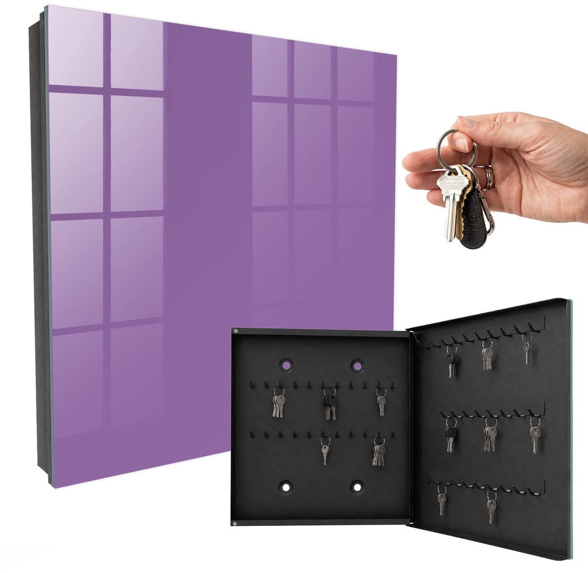 WallMuralia - Sleutelkast - 30x30x5 cm - met 50 haken - Violet Design Sleutelkastje - Paars Sleutelbox - Rechtsopenend - Zwart interieur