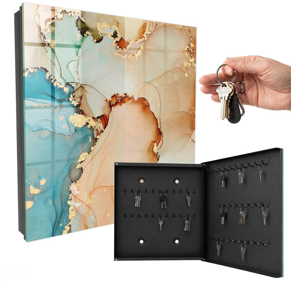 WallMuralia - Sleutelkast - 30x30x5 cm - met 50 haken - Abstracte Elegantie Sleutelkastje Muur - Beige Sleutelbox - Rechtsopenend - Zwart interieur