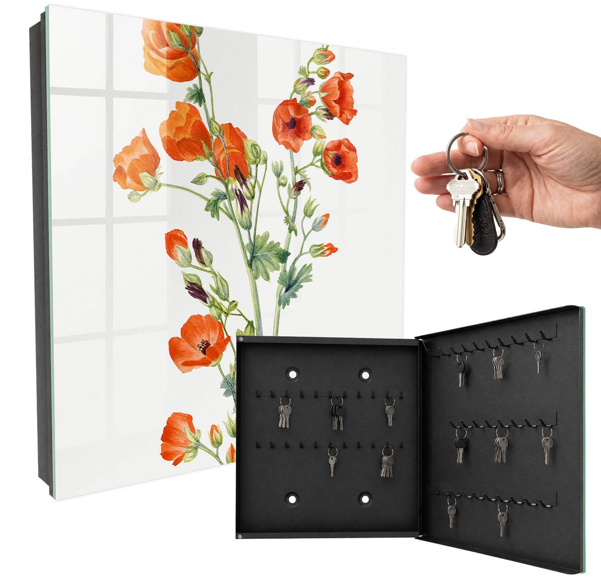 WallMuralia - Sleutelkast - 30x30x5 cm - met 50 haken - Oranje Klaprozen Sleutelkastje Modern - Wit Sleutelbox - Rechtsopenend - Zwart interieur