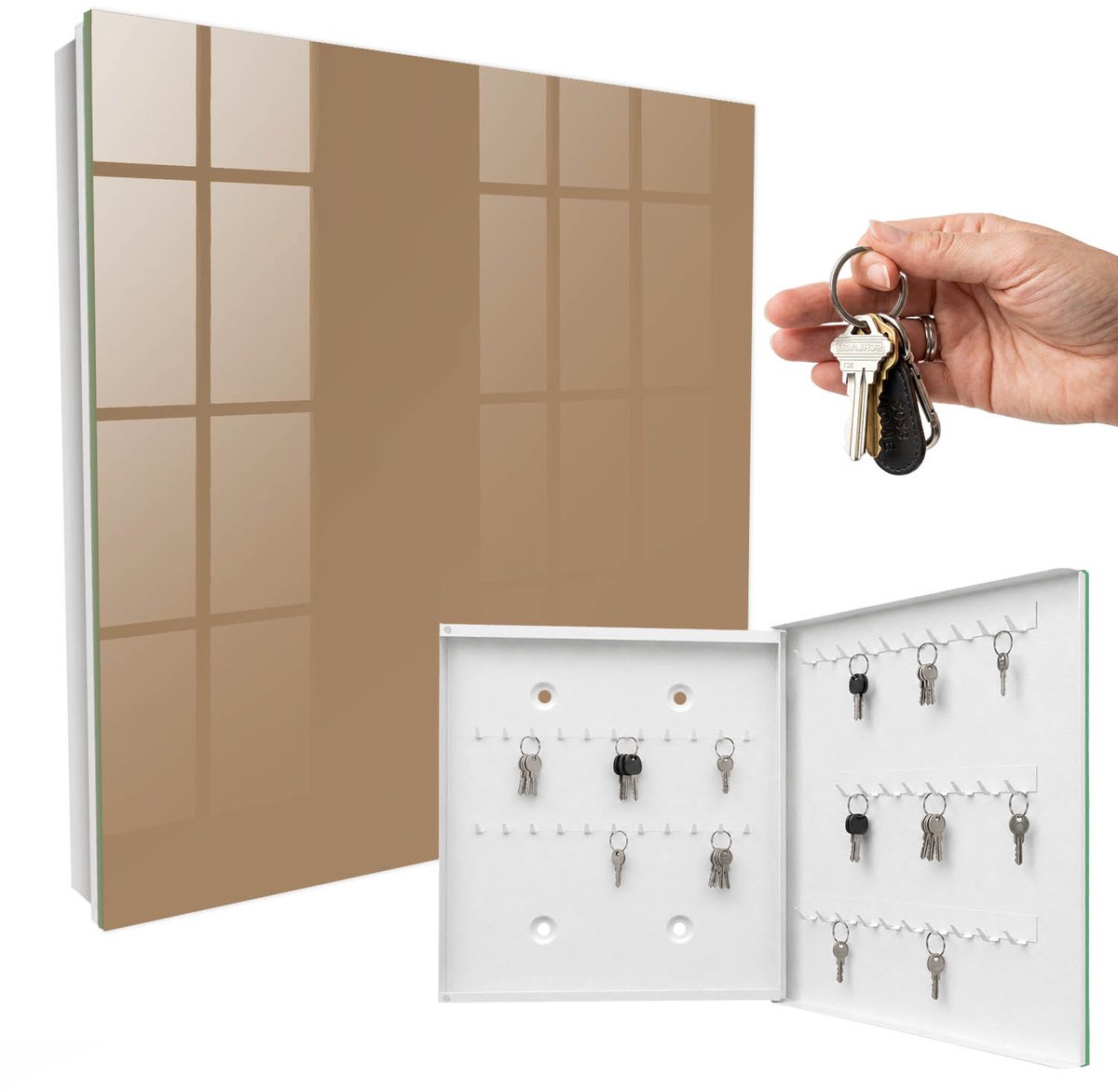 WallMuralia - Sleutelkast - 30x30x5 cm - met 50 haken - Donkeroranje Groot Sleutelkastje - Oranje Sleutelbox - Rechtsopenend - Wit interieur