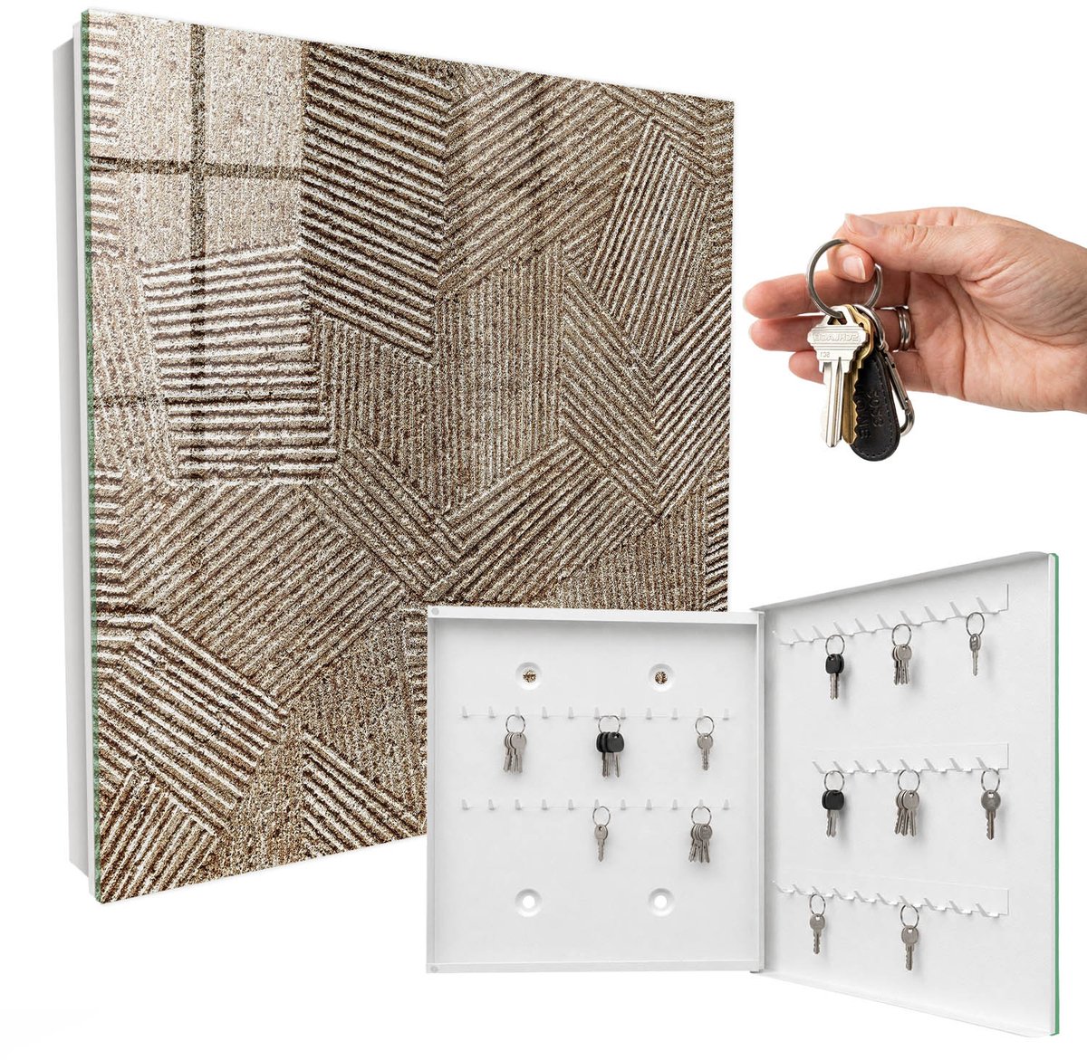 WallMuralia - Sleutelkast - 30x30x5 cm - met 50 haken - Geometrisch Patroon Sleutelkastje Huis - Beige Sleutelbox - Rechtsopenend - Wit interieur