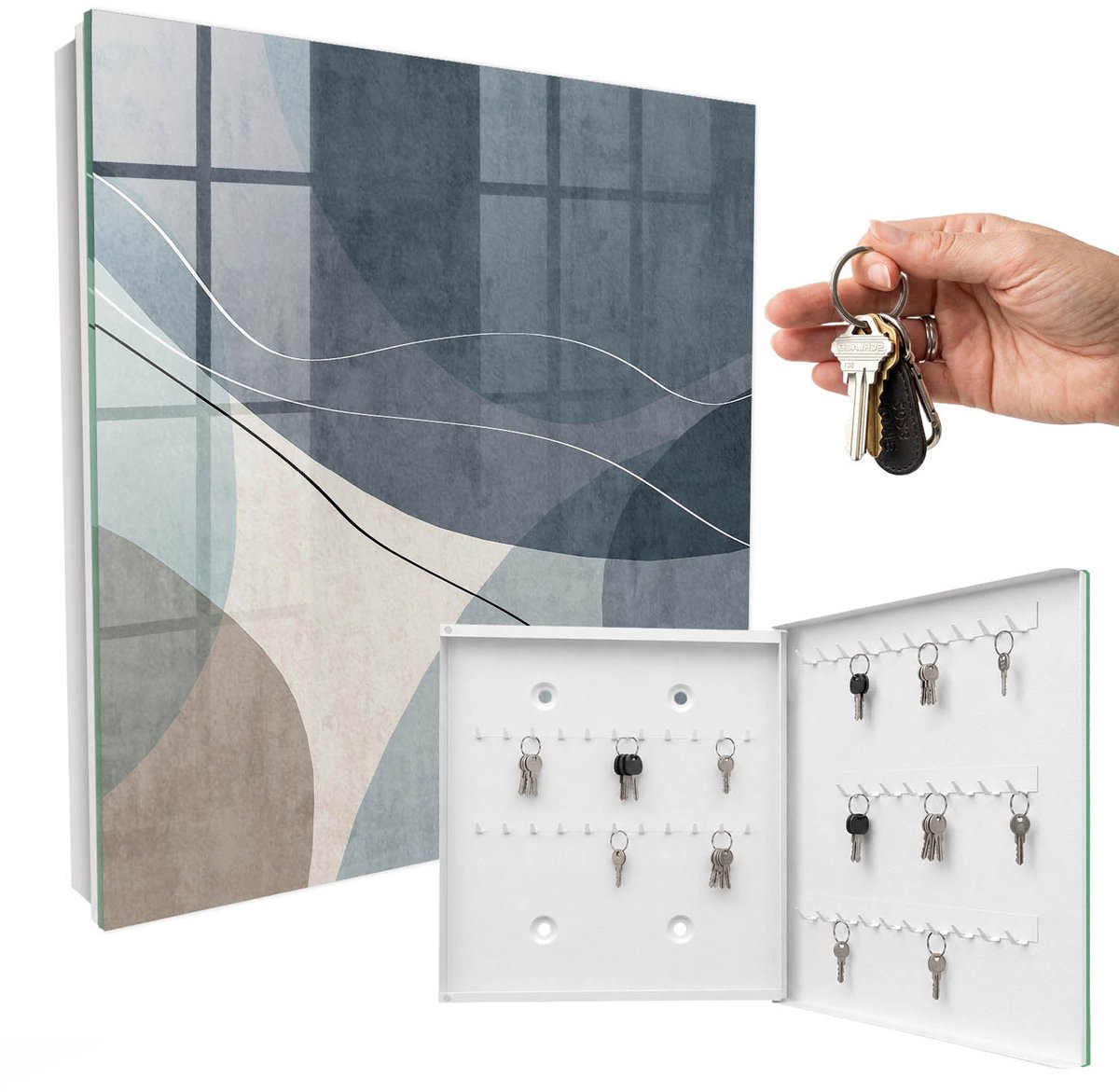 WallMuralia - Sleutelkast - 30x30x5 cm - met 50 haken - Blauwe Abstractie Sleutelkastje Voor Binnen - Blauw Sleutelbox - Rechtsopenend - Wit interieur