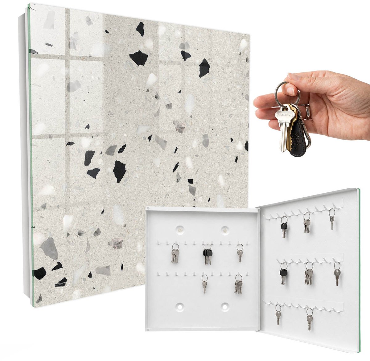 WallMuralia - Sleutelkast - 30x30x5 cm - met 50 haken - Grijs Patroon Sleutelkastje Binnen - Grijs Sleutelbox - Rechtsopenend - Wit interieur