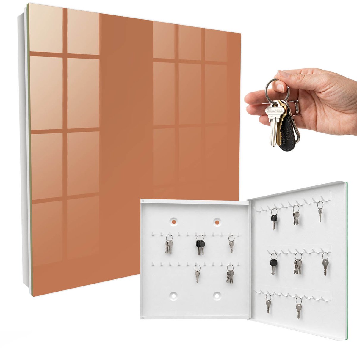 WallMuralia - Sleutelkast - 30x30x5 cm - met 50 haken - Doffe Oranje Sleutelkastje Modern - Oranje Sleutelbox - Rechtsopenend - Wit interieur