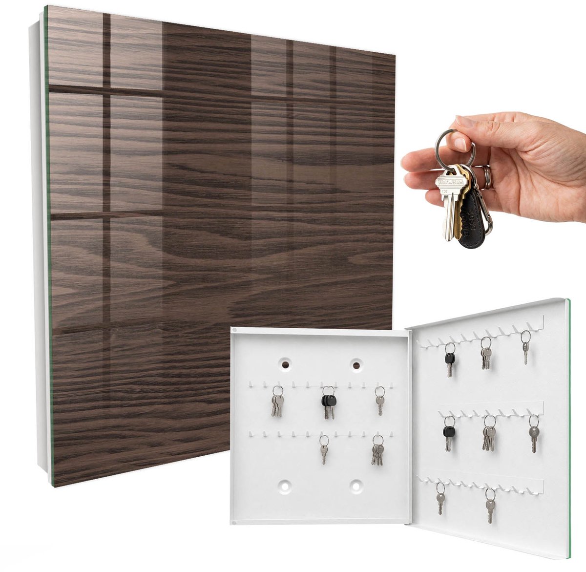 WallMuralia - Sleutelkast - 30x30x5 cm - met 50 haken - Houten Constructie Sleutelkastje Modern - Bruin Sleutelbox - Rechtsopenend - Wit interieur