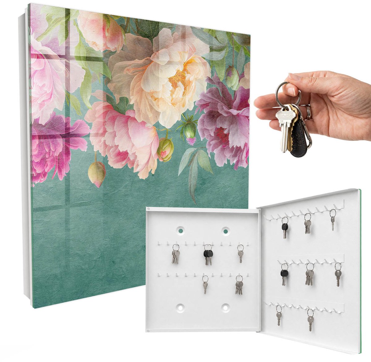 WallMuralia - Sleutelkast - 30x30x5 cm - met 50 haken - Bloemige Elegantie Sleutelkastje Voor Binnen - Groente Sleutelbox - Rechtsopenend - Wit interieur