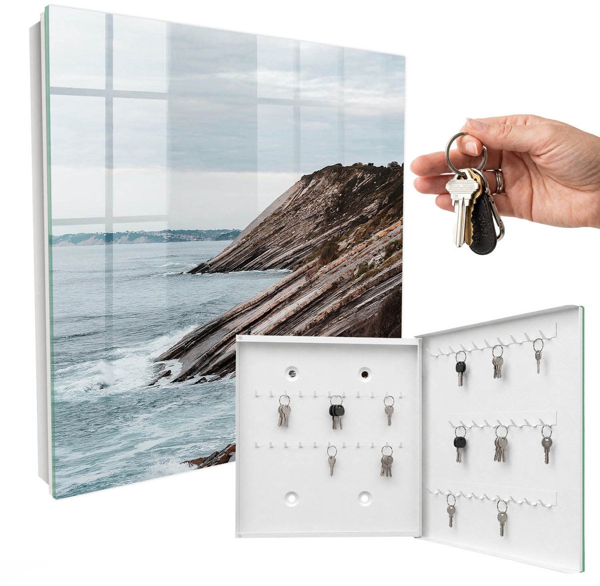 WallMuralia - Sleutelkast - 30x30x5 cm - met 50 haken - Kustlandschap Sleutelkastje Hal - Grijs Sleutelbox - Rechtsopenend - Wit interieur