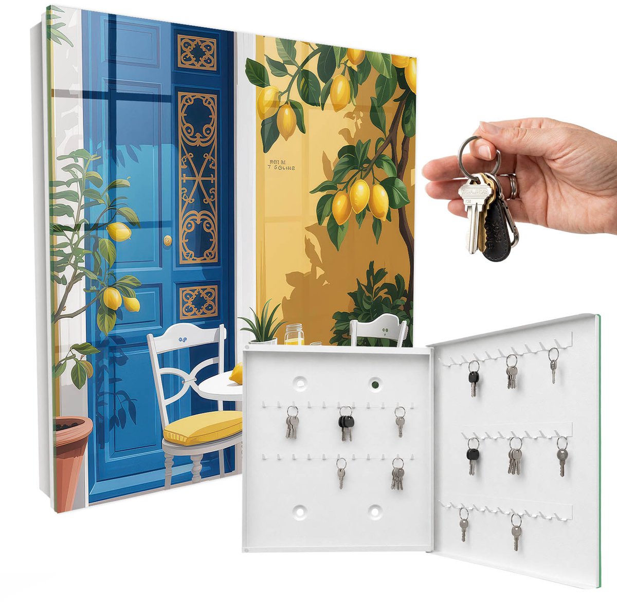 WallMuralia - Sleutelkast - 30x30x5 cm - met 50 haken - Zomertuin Sleutelkastje Landelijk - Blauw Sleutelbox - Rechtsopenend - Wit interieur