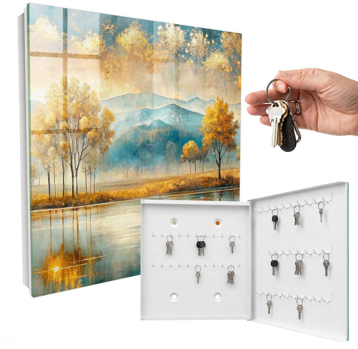WallMuralia - Sleutelkast - 30x30x5 cm - met 50 haken - Herfstharmonie Sleutelkastje Modern - Geel Sleutelbox - Rechtsopenend - Wit interieur