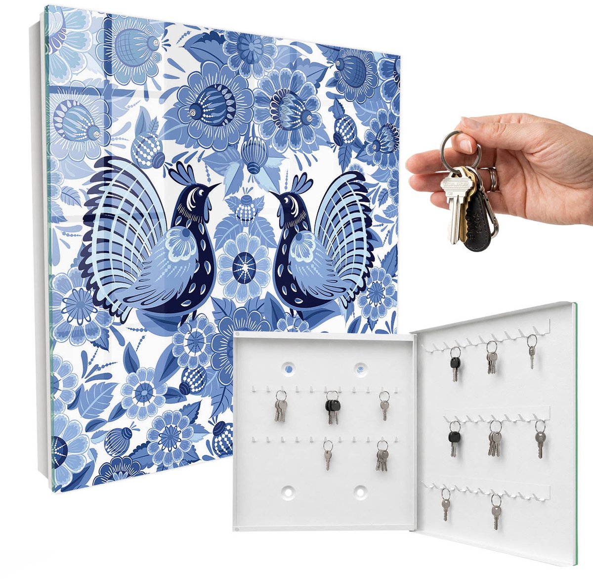 WallMuralia - Sleutelkast - 30x30x5 cm - met 50 haken - Volksvogels Sleutelkastje Klein - Blauw Sleutelbox - Rechtsopenend - Wit interieur