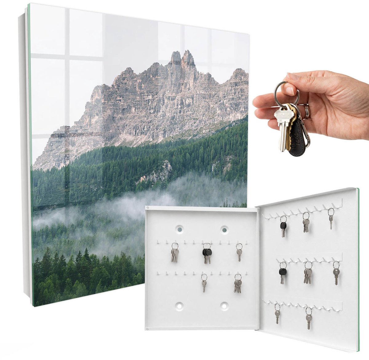 WallMuralia - Sleutelkast - 30x30x5 cm - met 50 haken - Bergpanorama Sleutelkastje - Groente Sleutelbox - Rechtsopenend - Wit interieur