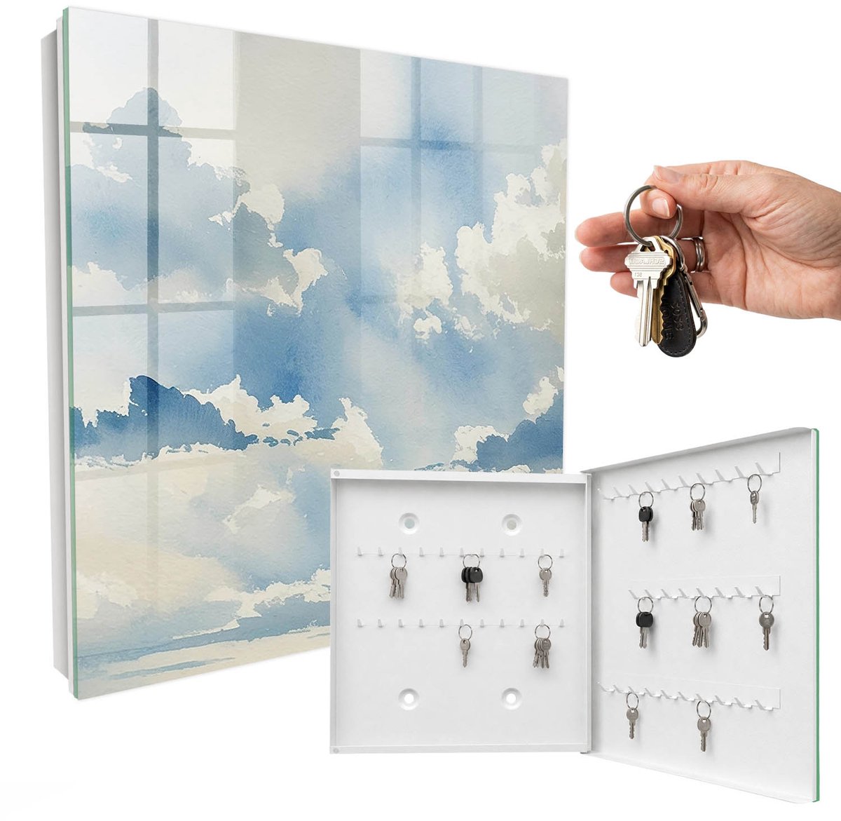 WallMuralia - Sleutelkast - 30x30x5 cm - met 50 haken - Wolken Aan De Hemel Sleutelkastje Modern - Blauw Sleutelbox - Rechtsopenend - Wit interieur