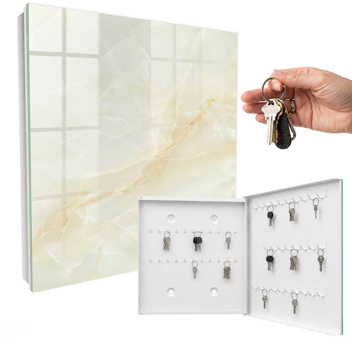 WallMuralia - Sleutelkast - 30x30x5 cm - met 50 haken - De Elegantie Van Marmer Groot Sleutelkastje - Romig Sleutelbox - Rechtsopenend - Wit interieur