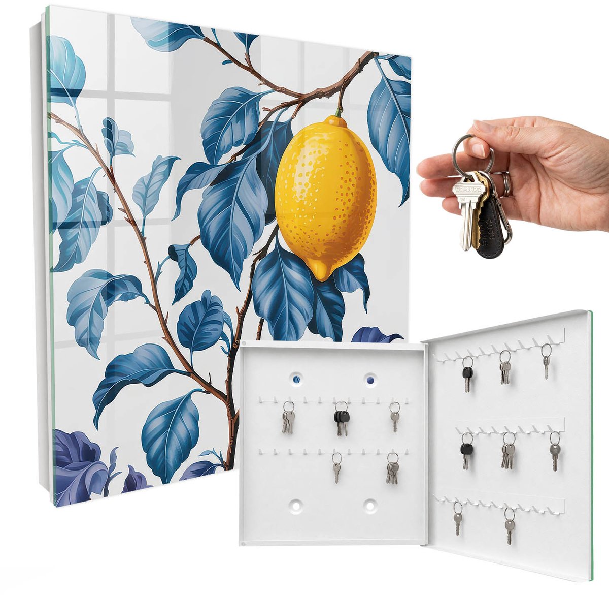 WallMuralia - Sleutelkast - 30x30x5 cm - met 50 haken - Citroenblaadjes Sleutelkastje Huis - Blauw Sleutelbox - Rechtsopenend - Wit interieur