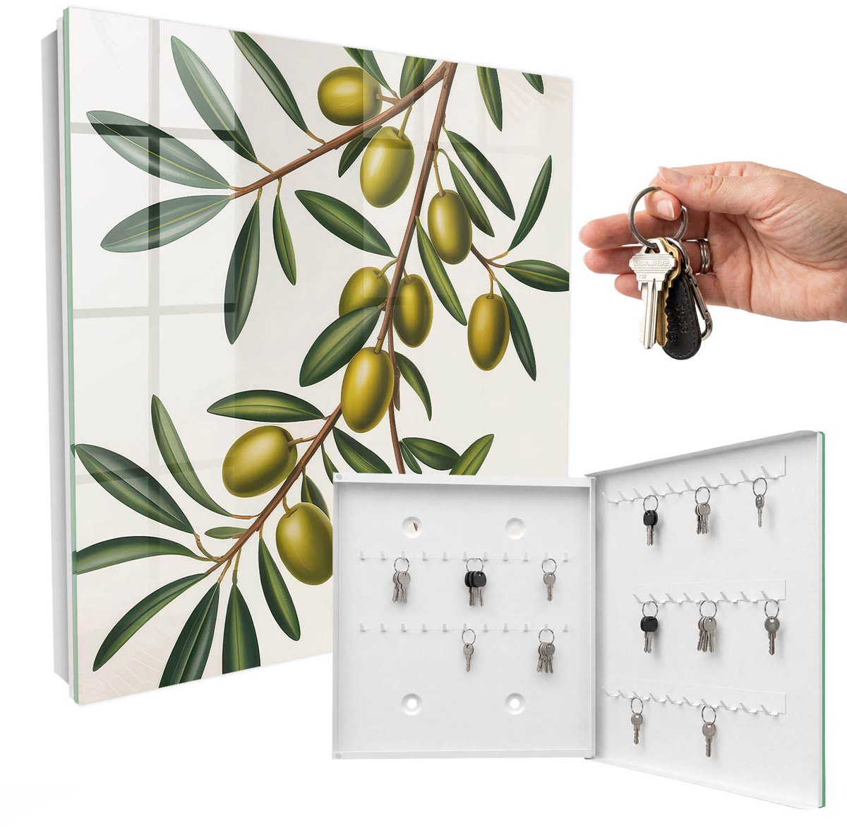 WallMuralia - Sleutelkast - 30x30x5 cm - met 50 haken - Olijven Aan Een Tak Design Sleutelkastje - Groente Sleutelbox - Rechtsopenend - Wit interieur