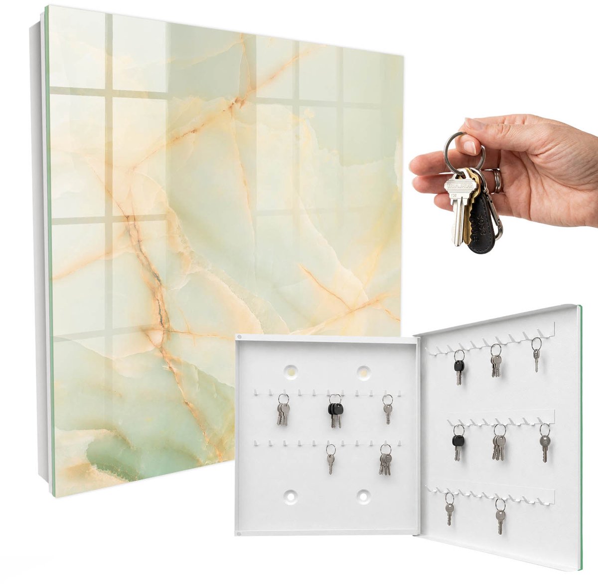 WallMuralia - Sleutelkast - 30x30x5 cm - met 50 haken - Pastel Patroon Groot Sleutelkastje - Beige Sleutelbox - Rechtsopenend - Wit interieur