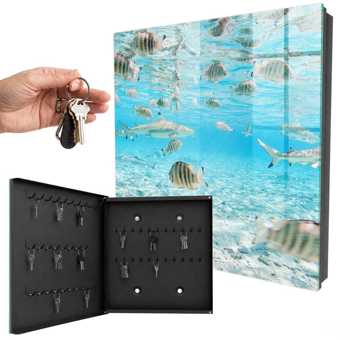 WallMuralia - Sleutelkast - 30x30x5 cm - met 50 haken - Waterleven Sleutelkastje Modern - Turkoois Sleutelbox - Linksopenend - Zwart interieur