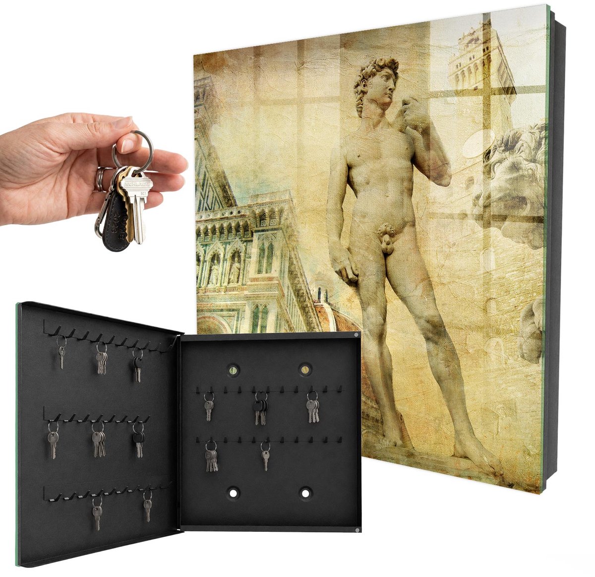 WallMuralia - Sleutelkast - 30x30x5 cm - met 50 haken - Florence Renaissance Sleutelkastje Klein - Beige Sleutelbox - Linksopenend - Zwart interieur