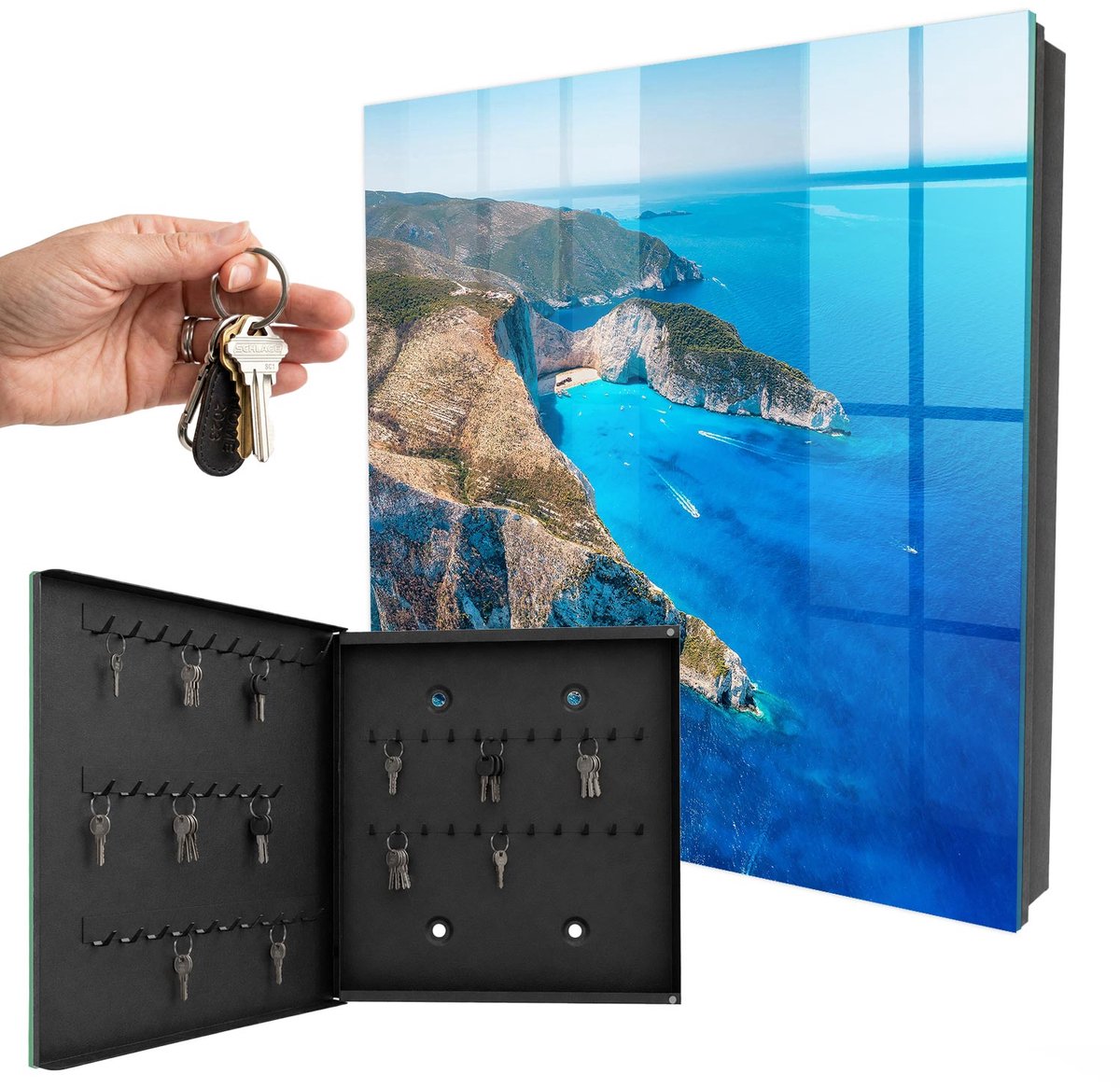 WallMuralia - Sleutelkast - 30x30x5 cm - met 50 haken - Franse Rivièra Sleutelkastje Muur - Blauw Sleutelbox - Linksopenend - Zwart interieur
