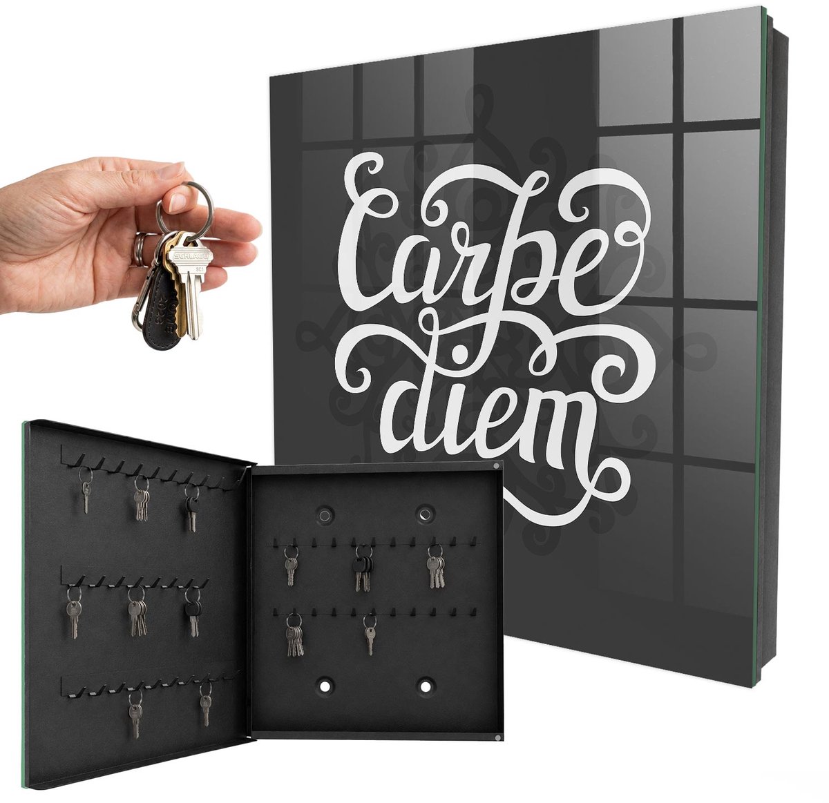 WallMuralia - Sleutelkast - 30x30x5 cm - met 50 haken - Carpe Diem Sleutelkastje Industrieel - Zwart Sleutelbox - Linksopenend - Zwart interieur