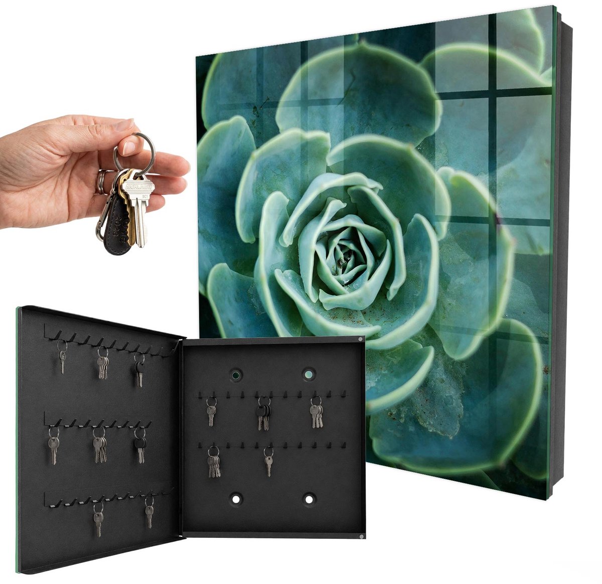 WallMuralia - Sleutelkast - 30x30x5 cm - met 50 haken - Groene Rozet Groot Sleutelkastje - Groente Sleutelbox - Linksopenend - Zwart interieur