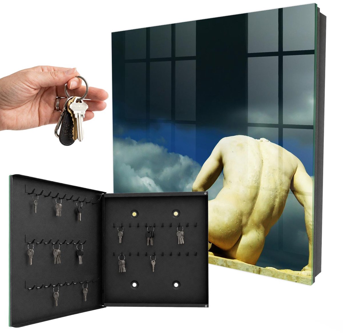 WallMuralia - Sleutelkast - 30x30x5 cm - met 50 haken - Klassieke Elegantie Sleutelkastje Gang - Geel Sleutelbox - Linksopenend - Zwart interieur