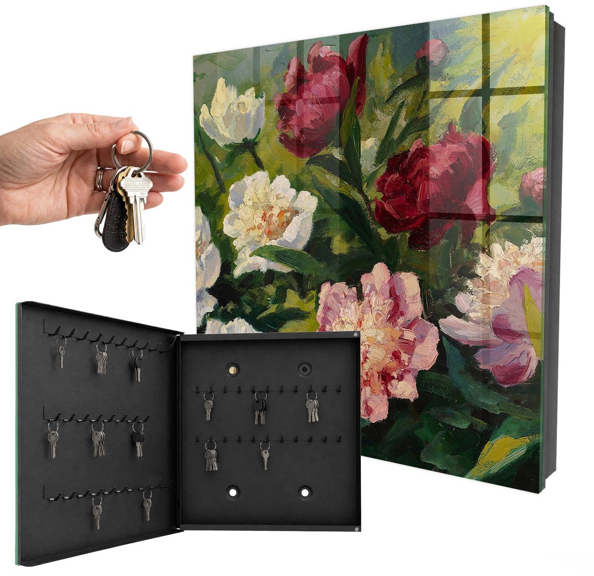 WallMuralia - Sleutelkast - 30x30x5 cm - met 50 haken - Kleurrijke Bloemen Sleutelkastje Modern - Groente Sleutelbox - Linksopenend - Zwart interieur