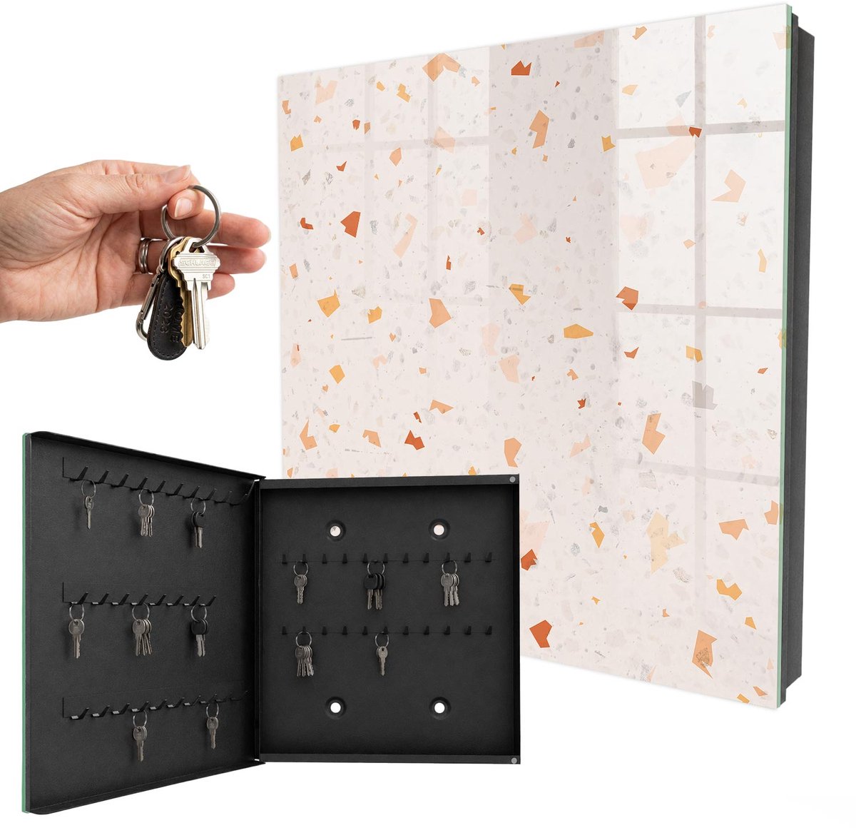 WallMuralia - Sleutelkast - 30x30x5 cm - met 50 haken - Elegant Mozaïek Sleutelkastje Voor Binnen - Beige Sleutelbox - Linksopenend - Zwart interieur