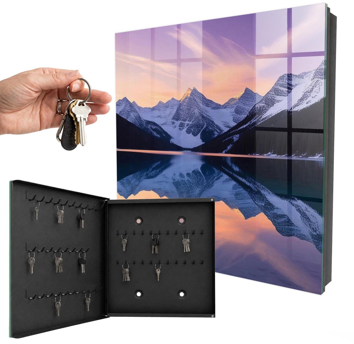 WallMuralia - Sleutelkast - 30x30x5 cm - met 50 haken - Bergwereld Sleutelkastje Binnen - Paars Sleutelbox - Linksopenend - Zwart interieur