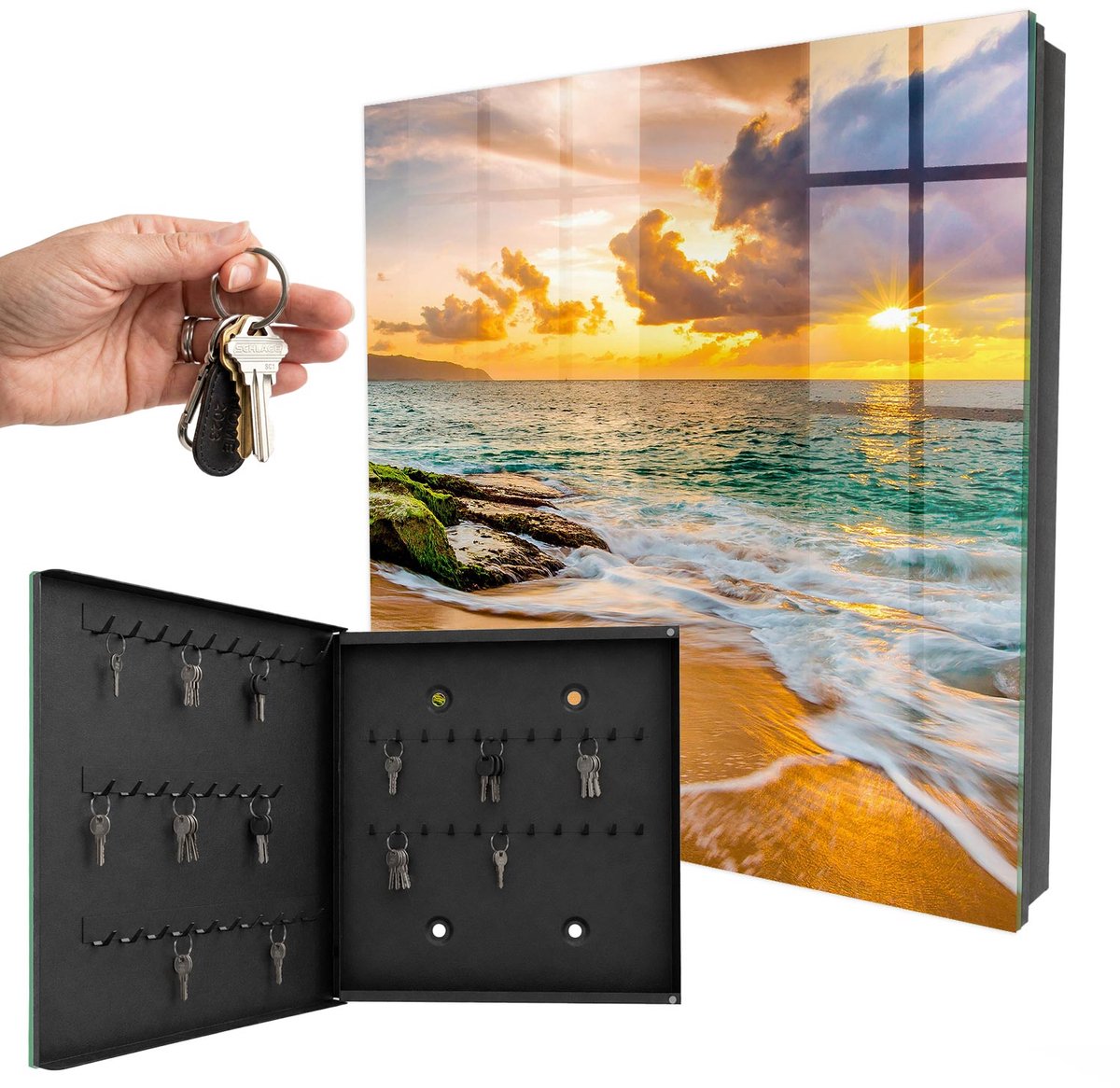 WallMuralia - Sleutelkast - 30x30x5 cm - met 50 haken - Zonsondergang Sleutelkastje Huis - Oranje Sleutelbox - Linksopenend - Zwart interieur