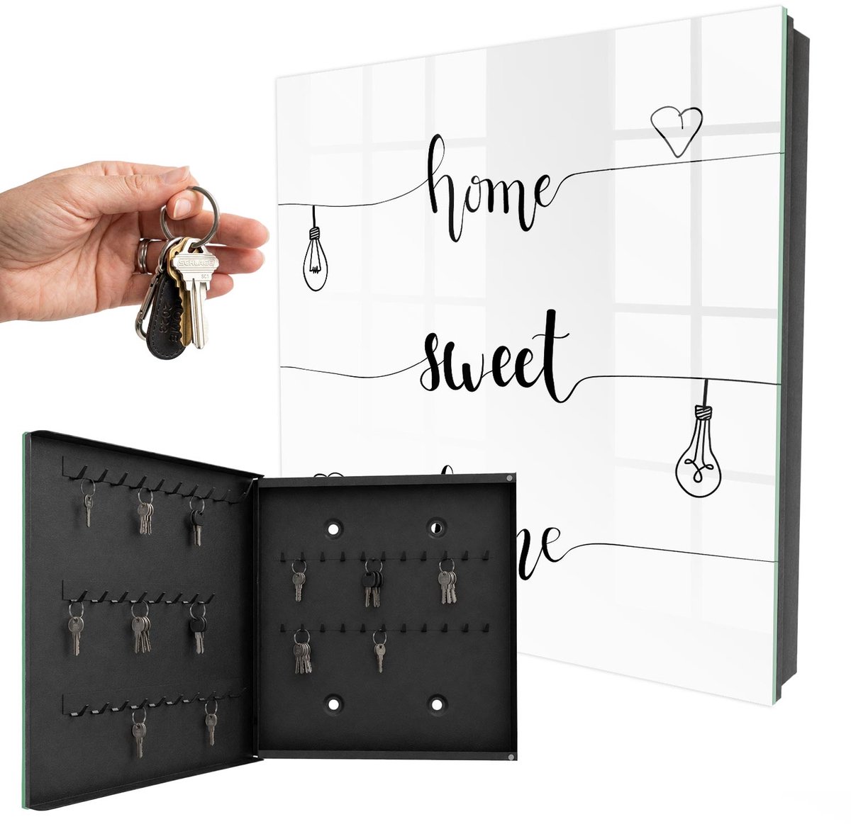 WallMuralia - Sleutelkast - 30x30x5 cm - met 50 haken - Zoet Thuis Sleutelkastje Design - Zwart-Wit Sleutelbox - Linksopenend - Zwart interieur